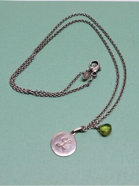 Sterling Silver Necklace with “L” Pendant and Green Gemstone Drop – .925